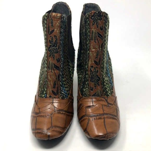 Croc Leather Tweed Brocade Boho Ankle Boots - Tracy Porter Anthropologie 6 - Picture 3 of 6